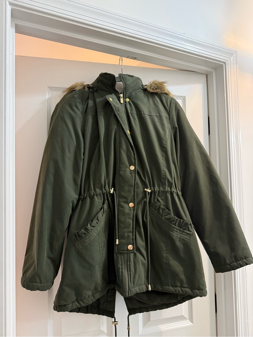 new directions Olive Green Hooded Puffer Parka with Faux-Fur Trim